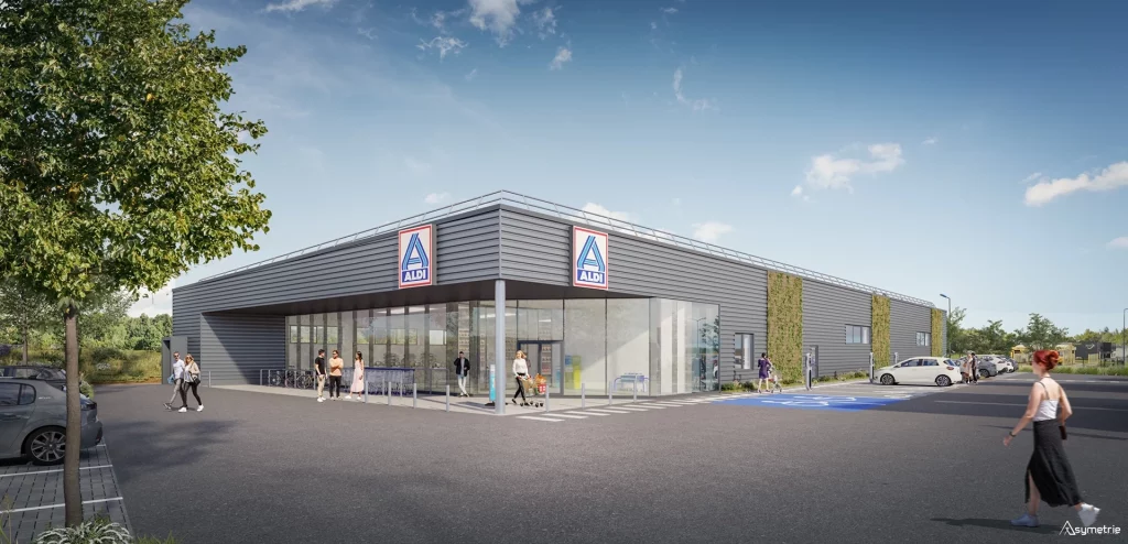 Visuel 3D d’un supermarché Aldi à Quimperlé en France pour un projet commercial
