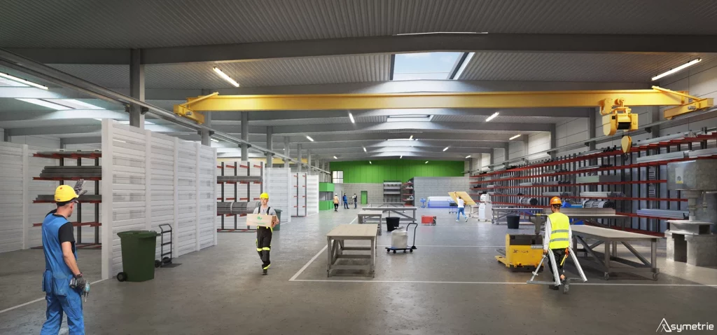 Visualisation 3D intérieur d’un bâtiment industriel destiné à un usage logistique à Fernelmont