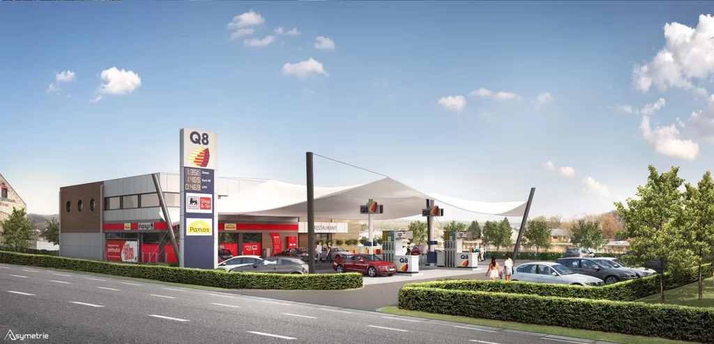 Visuel 3D d’une station-service à Andenne dans un projet d’immobilier commercial