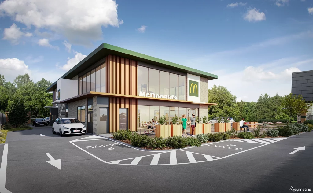 Visuel 3D d’un restaurant McDonald’s à Gerpinnes pour un projet d’immobilier commercial