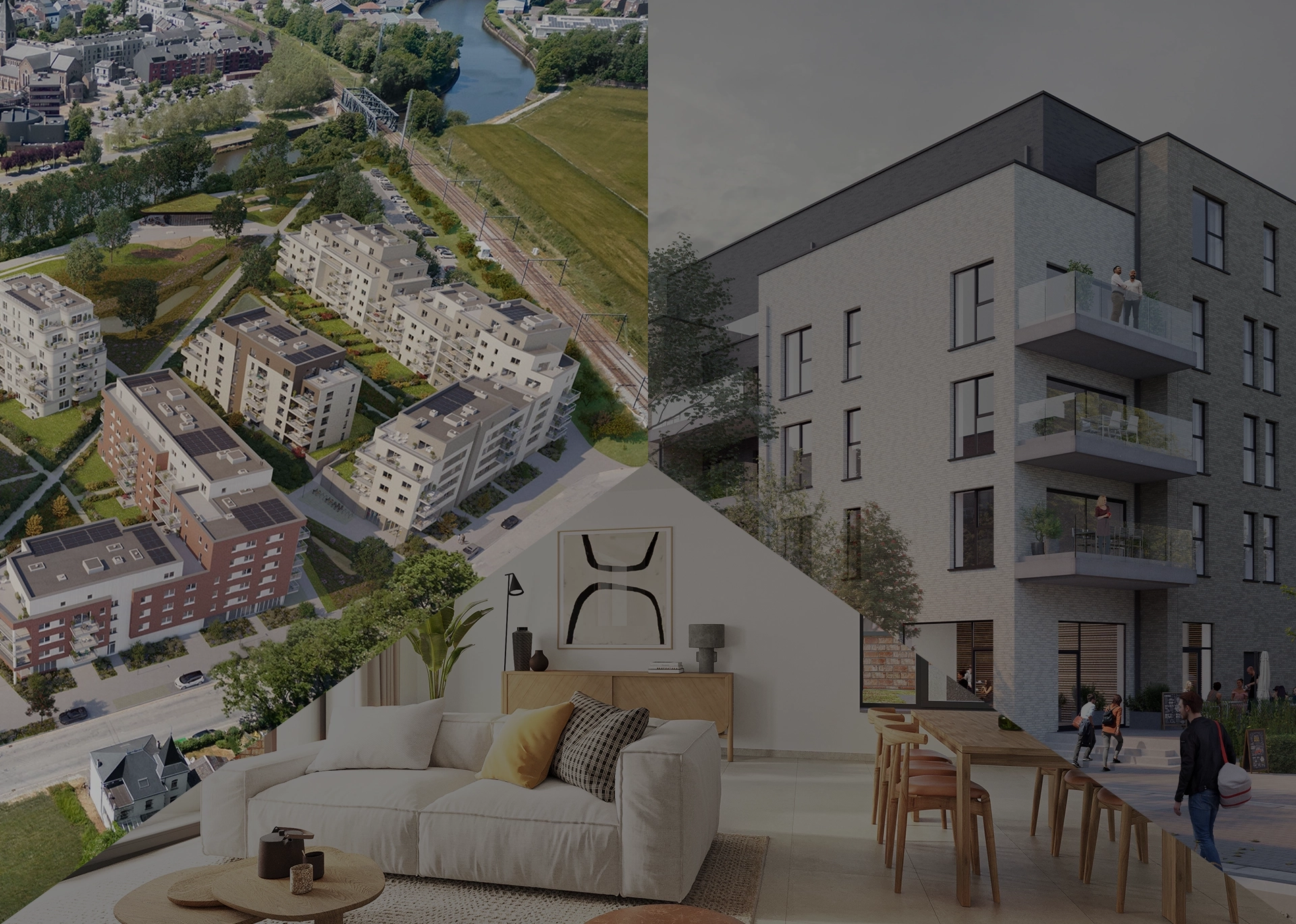 Trois types de visuels 3D pour un projet d’architecture : aérien, intérieur et hauteur d’homme