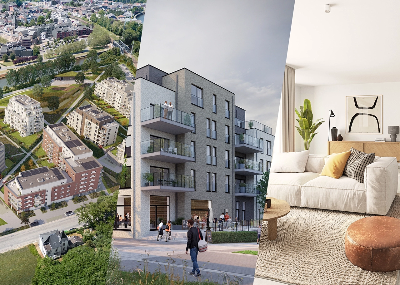 Visualisations 3D extérieure, aérienne et intérieure d’un projet immobilier résidentiel