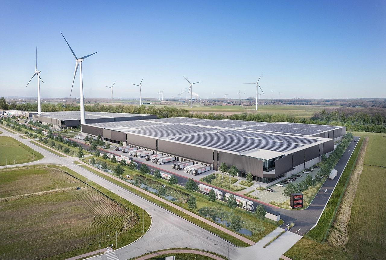 Intégration 3D en vue aérienne d’un bâtiment logistique et industriel Haylen