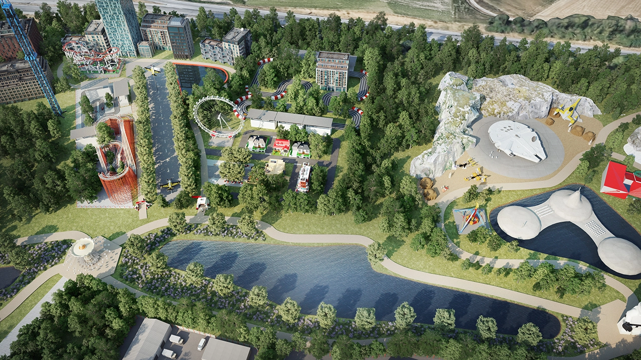 Vue aérienne rapprochée avec intégration d’un projet de parc d’attractions