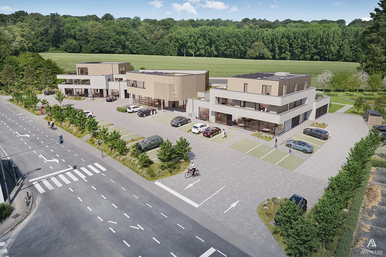 Vue aérienne avec intégration 3D de trois bâtiments résidentiels