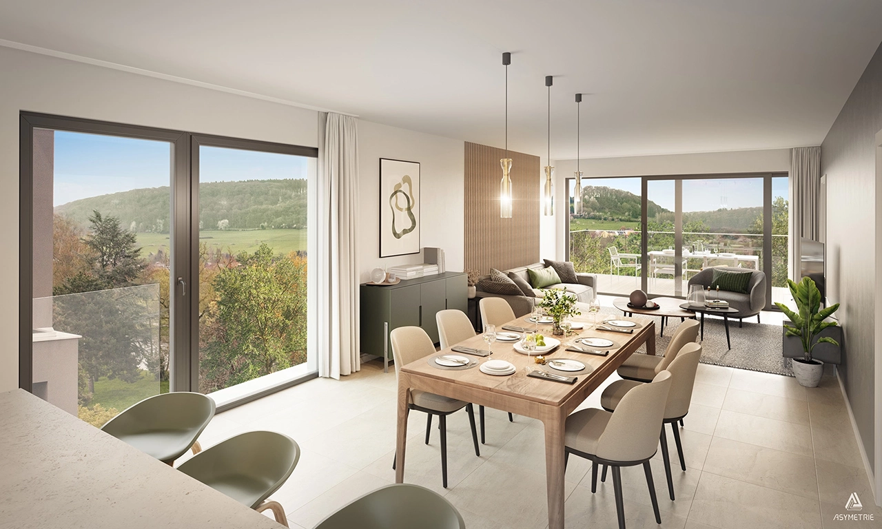 Visualisation 3D d’un séjour avec salon et salle à manger