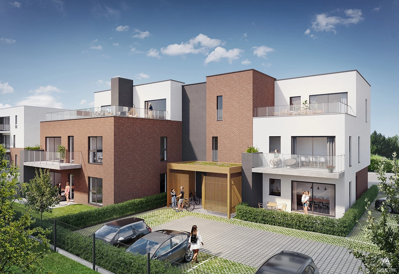 Vue extérieure 3D de maisons intégrées dans un projet résidentiel
