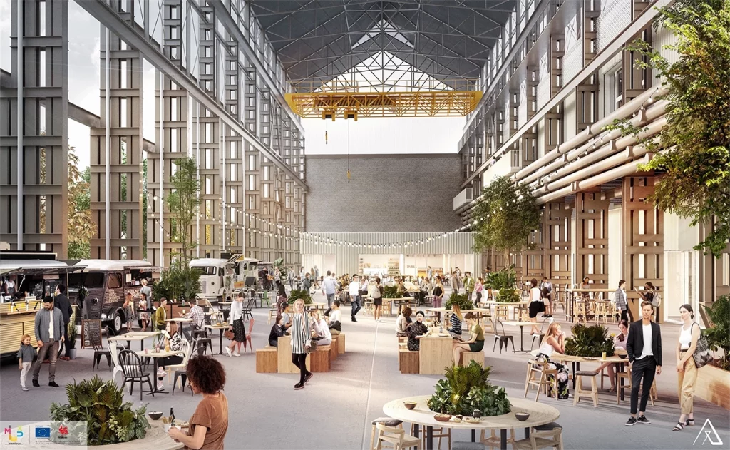 Visualisation 3D d’un marché aménagé dans un ancien entrepôt