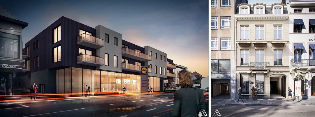 Intégration 3D d’un magasin Lidl avec logements aux étages ainsi que la rénovation future d’une façade commerciale
