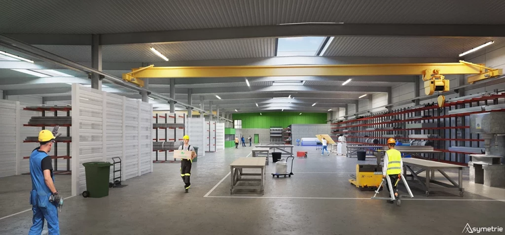 Visualisation 3D intérieure d’un entrepôt logistique