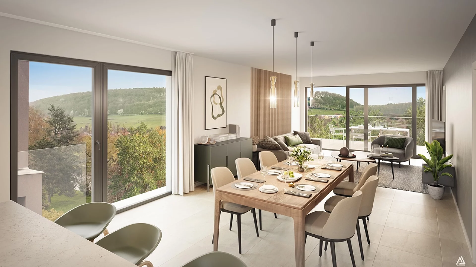 Visualisation 3D d’un séjour avec salon et salle à manger