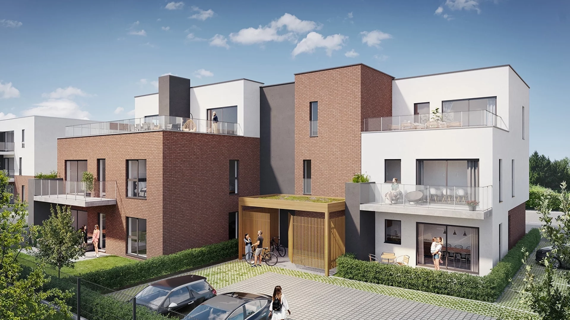 Vue extérieure 3D de maisons intégrées dans un projet résidentiel